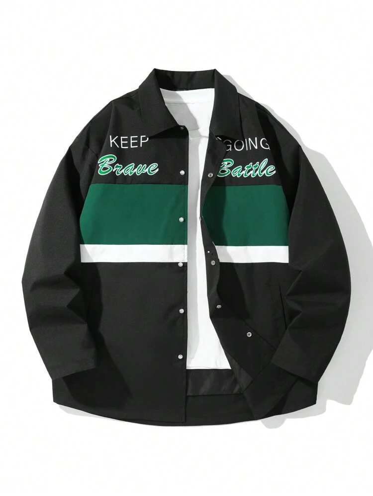Men's Spring And Autumn Casual Color Block Patchwork Long Sleeve Shacket With Letter Prints