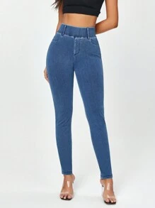 SHEIN EZwear 女式纯色高弹力紧身针织休闲牛仔裤，带口袋