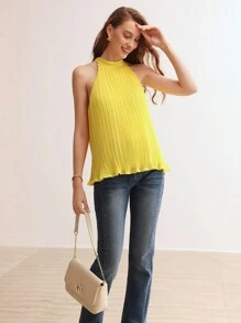 MOTF PREMIUM SOLID LETTUCE TRIM PLISSE BLOUSE - Yellow - View 5