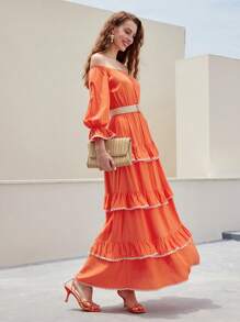 MOTF PREMIUM 露肩飄逸袖子對比波帶修邊層疊荷葉邊連衣裙 - 橘色 - 查看 6