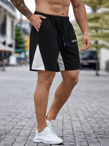 Manfinity Homme Men's Plus Size Summer Casual Color-Block Letter Printed Shorts - Navy Blue - View 6