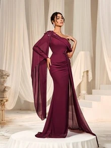 Faeriesty Váy đầm họa tiết hoa cổ xẻ tà bất đối xứng - Màu Đỏ Sâu - Xem 5