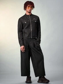 FeverCity Jachetă bărbătească la modă, cu guler înalt, în culori solide, cu fermoar, pentru toamna și iarna - Negru - Vizualizare 5