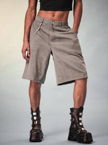 FeverCity Men's Loose Weave Straight Shorts With Chain In Velvet Fabric, Suitable For Summer - Grey - View 1