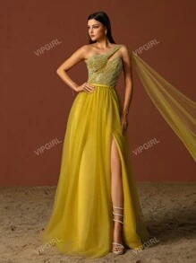 VIPGIRL Elegant Asymmetrical Neck Bead & Sequin Contrast Mesh High Slit Formal Evening Dress Prom Wedding Guest Gown, For Graduation, Dinner