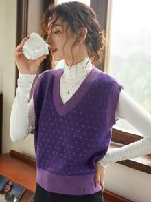 Knit Mix Women's French Style Commuter Knitted V-Neck Sleeveless Vest, Regular Loose Fit Sweater (Random Pattern), Fall/Winter - Purple - View 4