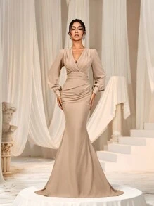 Elegant Bridesmaid Dress - Crossover Neckline, Ruffle Details, Fishtail Hem - Champagne - View 6