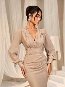 Faeriesty Elegant Cross-Over V-Neck Lantern Sleeve Mermaid Hem Dress - Sophisticated Timeless Design For Spring/Summer Weddings, Galas, Red Carpet Bridesmaid Dress