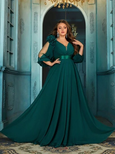 QOQ Simple Daily Spring Summer Women Formal Dress Elegant Plus Size Evening Gown For Wedding Guest, Dinner Party, Anniversary Celebration Solid Color Chiffon V-Neck Maxi Gowns