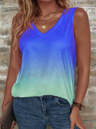 LONESS Plus Size Women's Summer V-Neck Gradient Color Casual Tank Top