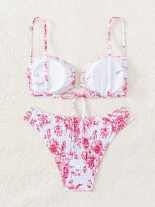 SHEIN Swim Women's Summer Beach Floral Print Halterneck Sexy Bikini Set, Random Print