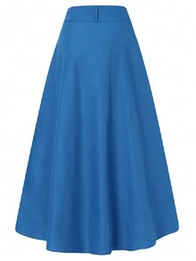 Women's Casual Solid Color A-Line Long Skirt With Front Single Button Decor, Versatile For Autumn - Blue - View 2