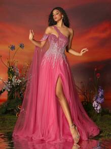 VIPGIRL Elegant And Noble Mesh Dress For Formal Occasions, Prom Evening Wedding Guest Gown, For Graduation, Dinner Party Dress - 粉色 - 查看 8