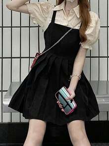 Vestido de manga abullonada con cuello de polo 2 en 1 para verano, estilo casual con bloque de colores - Negro - Ver 4