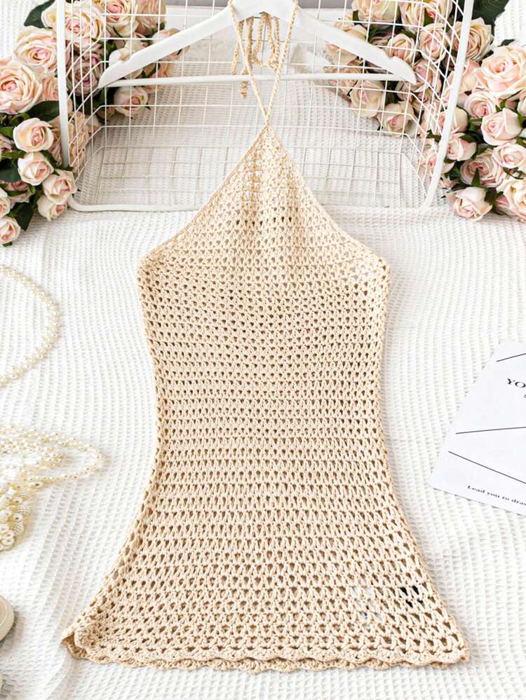 Women's Summer Vacation Casual Beachside Holiday Knitted Hollow-Out Halter Bodycon Stretch Dress