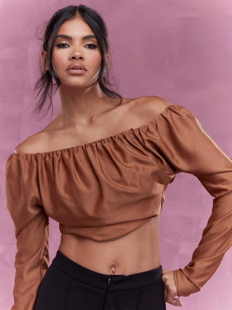 MISSGUIDED Long Sleeve Bardot Crop Top