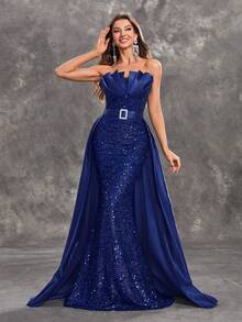 YISIKADO Robe de soirée pour femme, robe sirène bicolore sans bretelles et sequins avec cape en satin, robe de soirée élégante pour bal, mariage, fête de remise des diplômes, dîner - bleu indigo - Voir 7