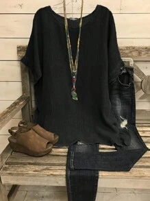 Áo thun ngắn tay màu trơn dáng rộng thoải mái cho nữ, cổ tròn, tay cánh dơi, phong cách retro nghệ thuật thoải mái, phù hợp cho đi làm và mặc hàng ngày, đa năng. - màu đen - Xem 1