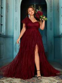 QOQ Stylish Elegant Women Plus Size Formal Dress Summer Evening Gown For Dinner Party, Formal Events, Cocktail Party, Birthday Parties, Galas Solid Color Slit Asymmetrical Neck Dresses