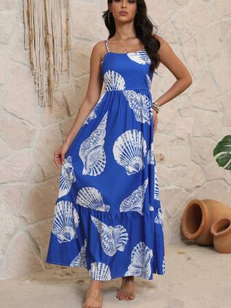 European And American Style Printed High Waist Camisole Long Dress, Sexy Women's Dress