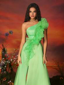 女款一肩荷葉邊網拼接高開衩晚禮服 - 綠色 - 查看 6