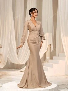 Faeriesty Elegant Cross-Over V-Neck Lantern Sleeve Mermaid Hem Dress - Sophisticated Timeless Design For Spring/Summer Weddings, Galas, Red Carpet Bridesmaid Dress