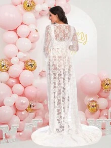 Maternity Lace Dress Deep V-Neck Split Front See-Through For Photography Photoshoot With Long Sleeve