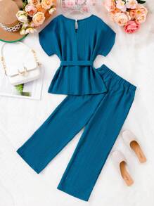 Tween Girls Solid Color Simple Daily 2-Piece Outfit - Blue - View 2