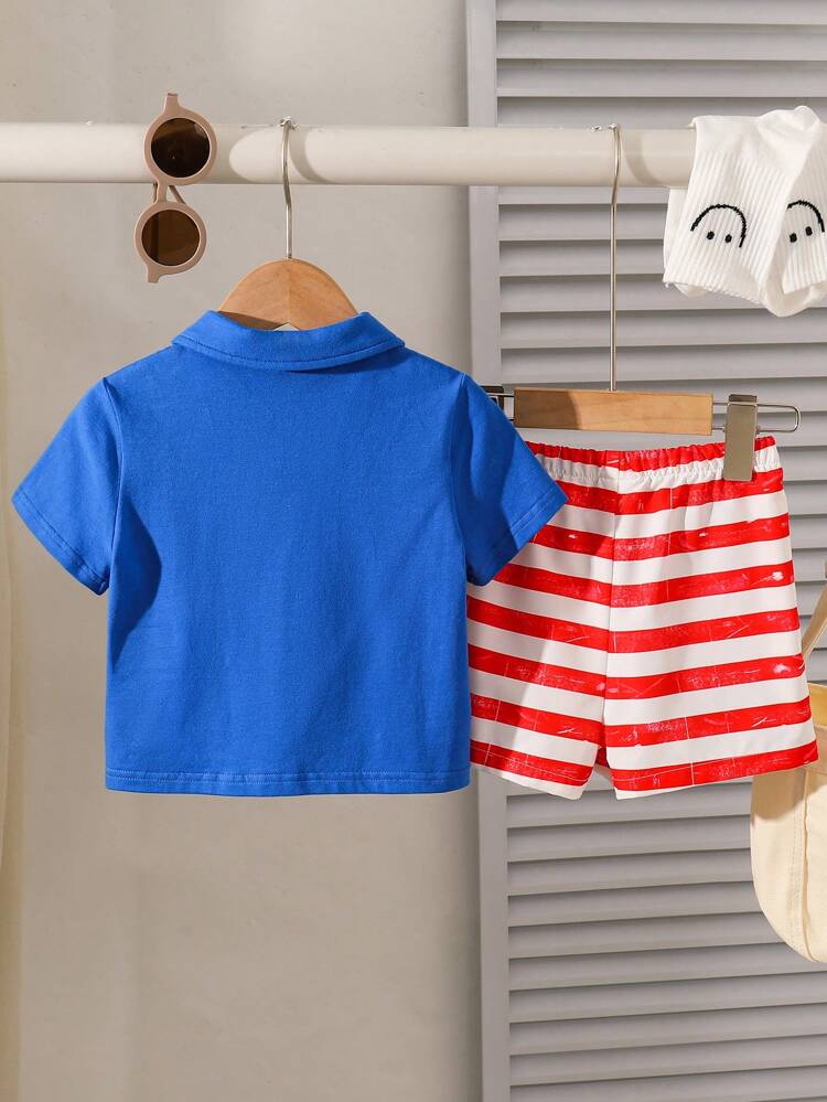 Baby Boy/Girl 4th Of July American Flag Casual Solid Color Polo Shirt With Striped Elastic Waistband Shorts Set, Perfect For July 4th Summer Outfits