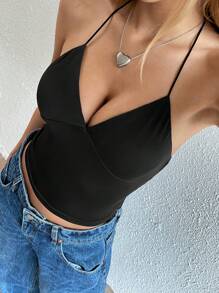 Flirla Top corto sexy con cuello con tiras y diseño de mariposa a la moda para mujeres
