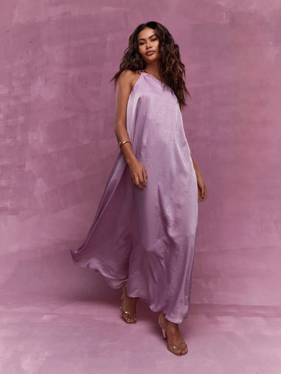 MISSGUIDED Metal Ring Detail Satin Flowy One Shoulder Maxi Dress