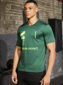 Manfinity Sport Corelite Boyfriend Style Men's Round Neck Letter Printed Summer Short Sleeve Workout T-Shirt