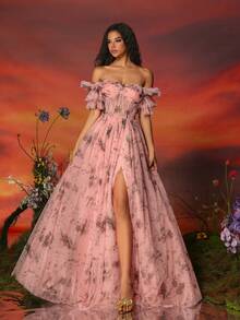 VIPGIRL Long Printed Mesh Off Shoulder Women's Evening Party Dress