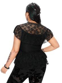 ROMWE Gothic Style Hollowed Collar A-Line Lace Top With Cinched Waist And Ruffle Trim, Plus Size For Women - Black - View 6