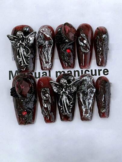 Goth 10 pièces Long Cercueil Ange & Avec Strass Faux Ongles Kit