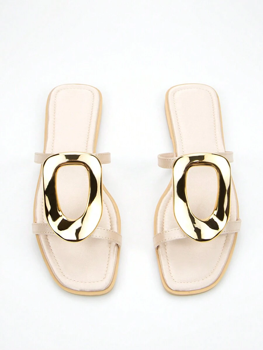 女士優雅時尚金色金屬扣裝飾，舒適灰棕色絨面正方形頭細帶日常平底拖鞋 - 杏色 - 查看 1