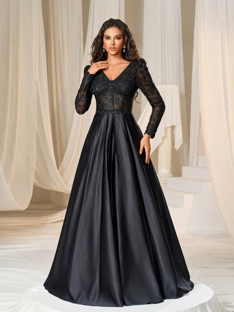 Faeriesty Đầm dự tiệc tối trang trọng cổ chữ V tay dài phối ren satin tương phản