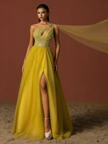 VIPGIRL Đầm dự tiệc dài xẻ cao lưới đính hạt một bên vai màu vàng thanh lịch - Màu vàng - Xem 2