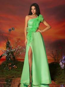 女款一肩荷葉邊網拼接高開衩晚禮服 - 綠色 - 查看 7