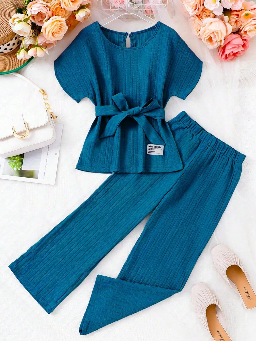 Tween Girls Solid Color Simple Daily 2-Piece Outfit - Blue - View 1