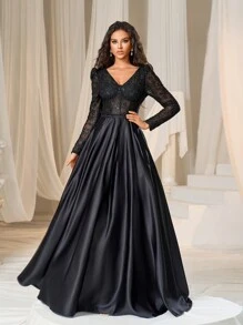 Faeriesty Đầm dự tiệc tối trang trọng cổ chữ V tay dài phối ren satin tương phản - màu đen - Xem 8