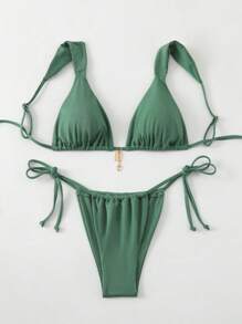 女性夏季沙灘穿搭，純色褶皺性感比基尼套裝 - 綠色 - 查看 3
