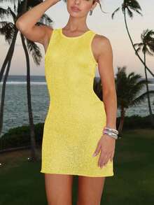 Women Round Neck Solid Sleeveless Dress For Summer - Yellow - View 4