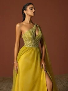 VIPGIRL Đầm dự tiệc dài xẻ cao lưới đính hạt một bên vai màu vàng thanh lịch - Màu vàng - Xem 8