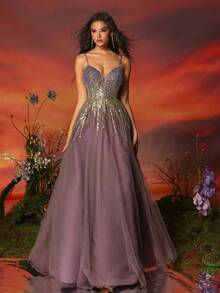 VIPGIRL 长款紫色亮片薄纱优雅女士晚会礼服正式舞会婚礼宾客礼服，适合毕业典礼、晚宴