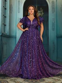 QOQ Women Party Formal Dress Bling Plus Size Summer Evening Gown For Evening Party, Birthday Party, Charity Prom, Dinner Party Purple Ruffled Short Sleeve Pleated Back Zipper Dresses