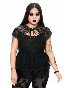 ROMWE Gothic Style Hollowed Collar A-Line Lace Top With Cinched Waist And Ruffle Trim, Plus Size For Women - Black - View 3