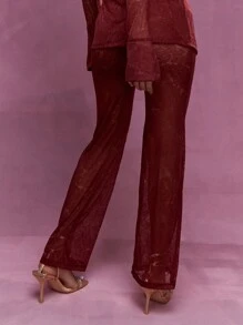 MISSGUIDED 圣诞节薄纱蕾丝衬衫和喇叭裤套装 - 紅色 - 查看 2