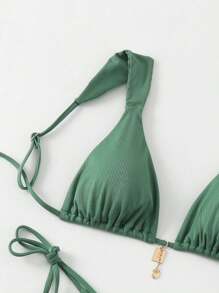 女性夏季沙灘穿搭，純色褶皺性感比基尼套裝 - 綠色 - 查看 4