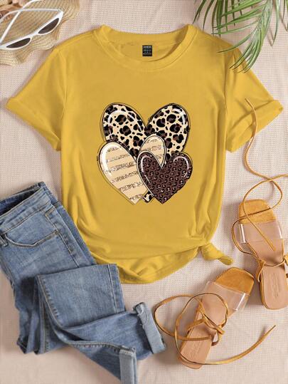 INAWLY Camiseta casual con gráfico romántico y encantador de corazón, con estampado de leopardo para mujeres